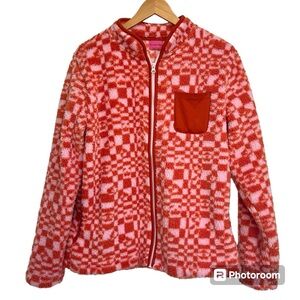 Nicola Bee Pink and Orange Checkerboard Zip front Fleece Jacket, Large